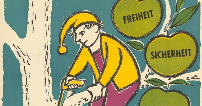 Ein Mann mit einer gelben Mütze und Jacke Deutscher Michel) sitzt auf der Schmalseite eines Astes und sägt an ihm.
Hinter ihm wachsen die 3 grünen übergroßen Äpfel  Freiheit, Sicherheit und Wohlstand.
Quelle:
http://gerhardstenkamp.blogspot.com/2012/06/der-deutsche-michel.html?m=1