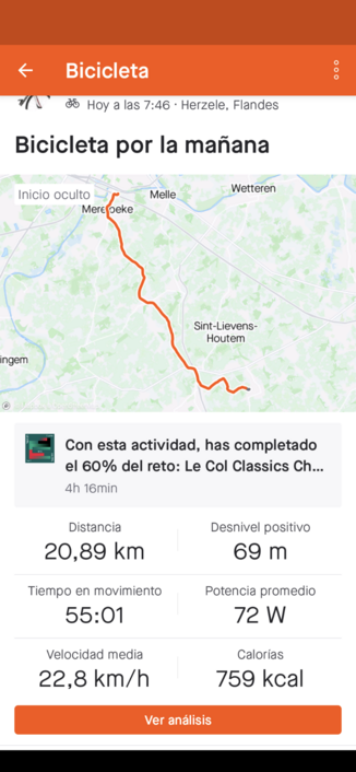 Pantallazo de una aplicación deportiva, mostrando el camino y las estadísticas de la ruta.