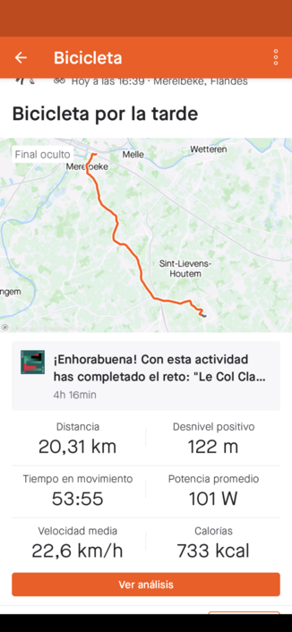 Pantallazo de una aplicación deportiva, mostrando el camino y las estadísticas de la ruta.