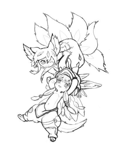Sketch. Faputa sits on Nanachi’s head, they both are happy