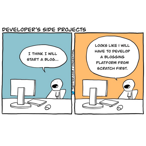 DEVELOPER’S SIDE PROJECTS

I THINK T WILL  START A BLOG... 

LOOKS LIKE I WILL HAVE TO DEVELOP A BLOGGING PLATFORM FROM SCRATCH FIRST