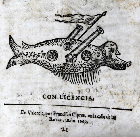 A detail of a title page of a small pamphlet from Valencia, Spain, 1669 is shown: a fish with a human head and cannons attached to the body. Also a flag is part of the creature. 