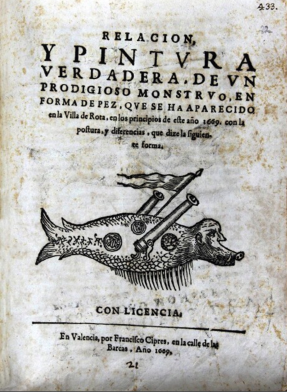 The full title page of the print from 1669 is shown. The title text on top, followed by the image of the monster. 