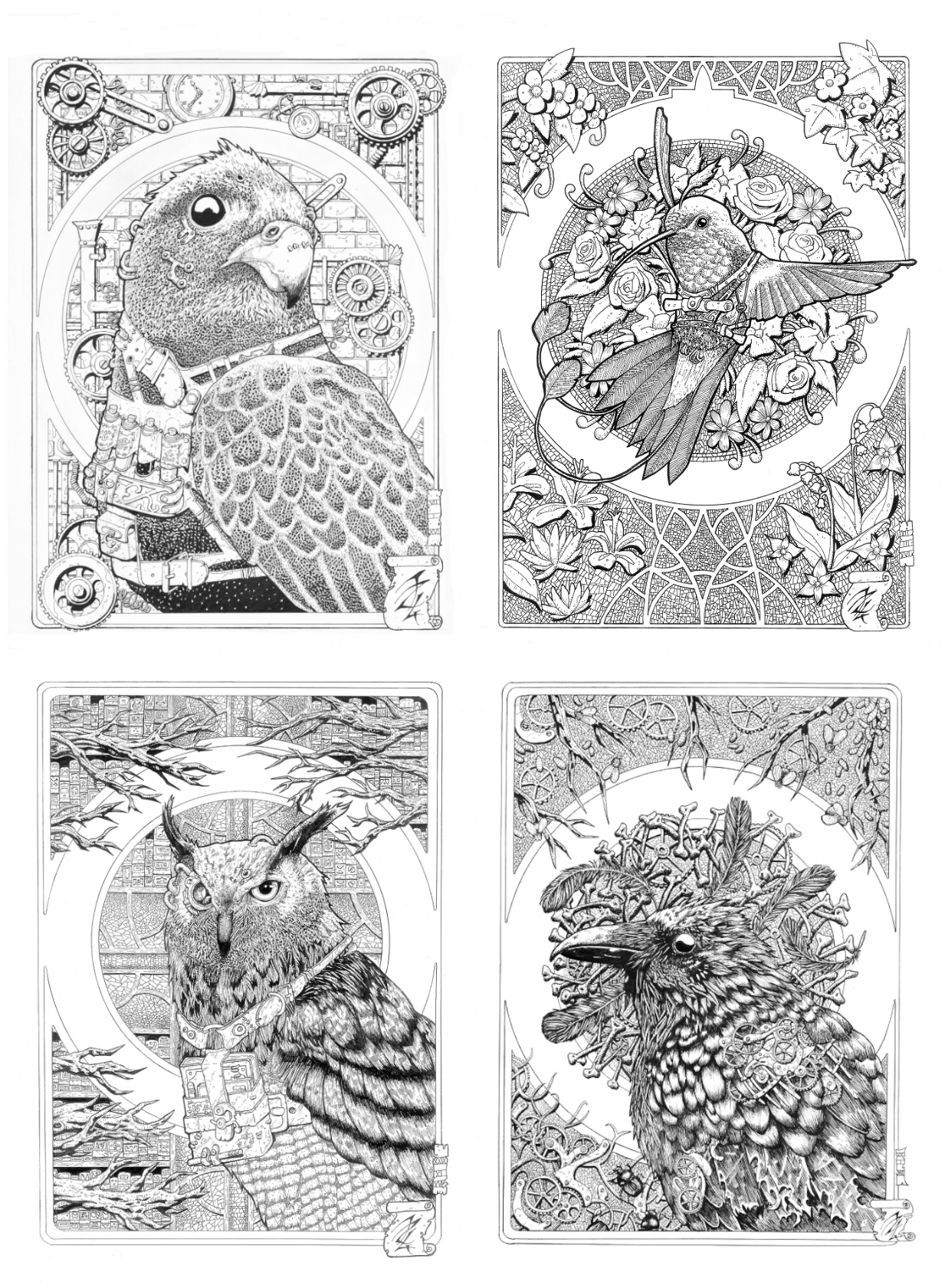 4 dessins d'oiseaux de style steampunk/art nouveau. En haut à gauche un faucon, en haut à droite un colibri, en bas à gauche un hibou et en bas à droite un corbeau