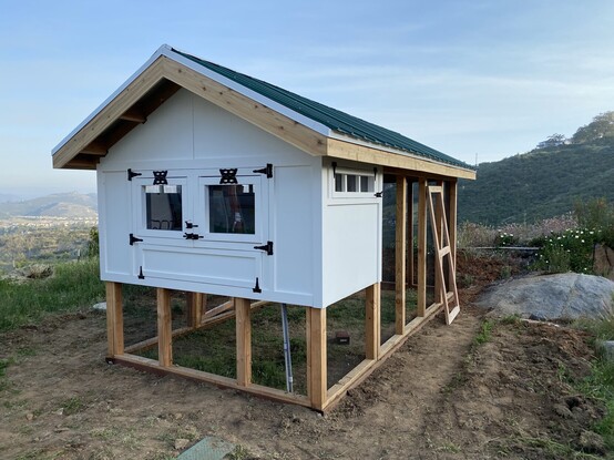 A chicken coop with attached, fully enclosed run. It features a white, raised coop with multiple windows, and a green metal roof. A partially-completed door can be seen leaning against the side of the structure.