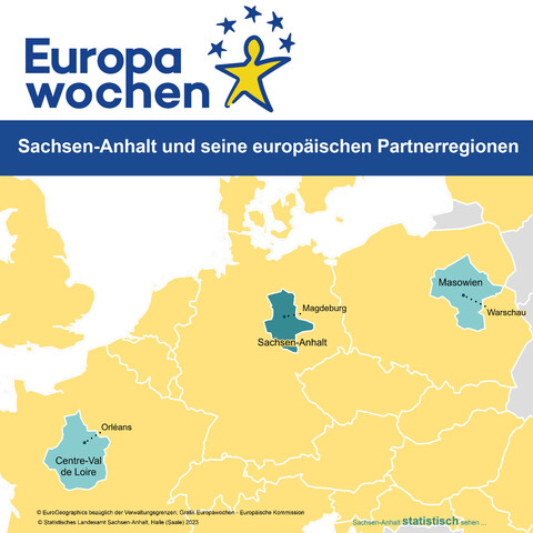 Logo der Europawochen mit Text: Sachsen-Anhalt und seine europäischen Partnerregionen sowie Karte Mitteleuropa mit farbiger Hervorhebung der Regionen Centre-Val de Loire, Sachsen-Anhalt und Wojewodschaft Masowien