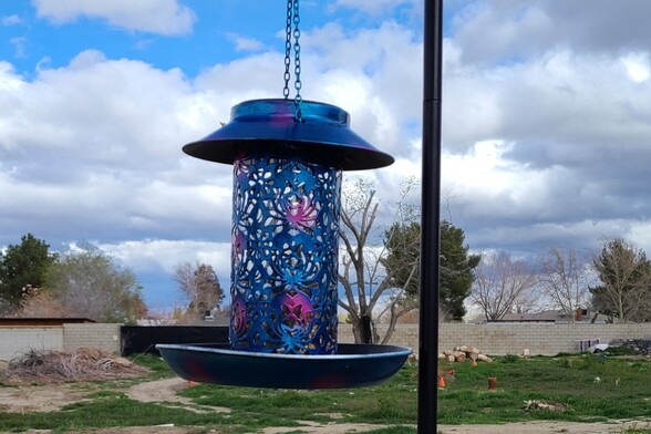 Metal, laser-cut in a floral design, blue-tinted, decorative bird feeder hanging from a shepherd's hook support.