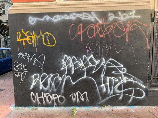 Another wall covered in tags in the San Francisco Bus Flow style. Many of the tags are unreadable, but you can notice certain letters like "R"s that stand out because of the big loops that have been added.