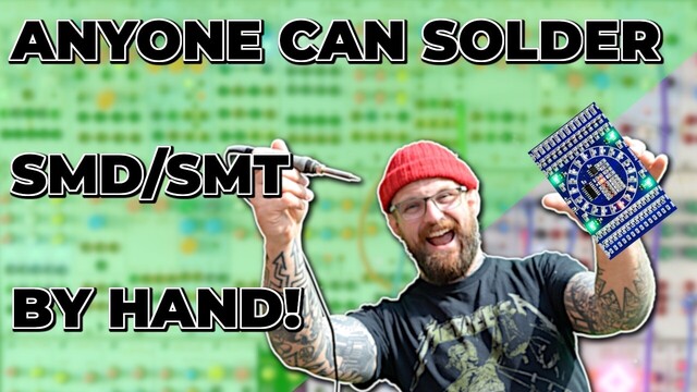 A guy holding a soldering iron with text to say "anyone can solder SMT/SMD"