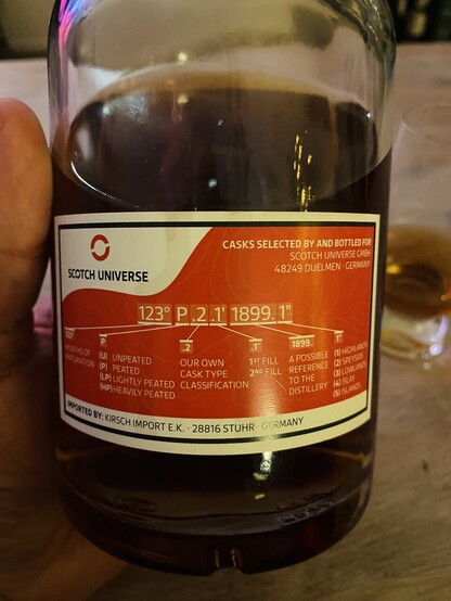 Backside of the bottle with the code to the distillery. 1897 stands the Year of opening. It’s a Glentauchers. 156 means it’s 156 months Old. U means unpeated. 7 is the seventh cask bottled. .1 says first fill. 