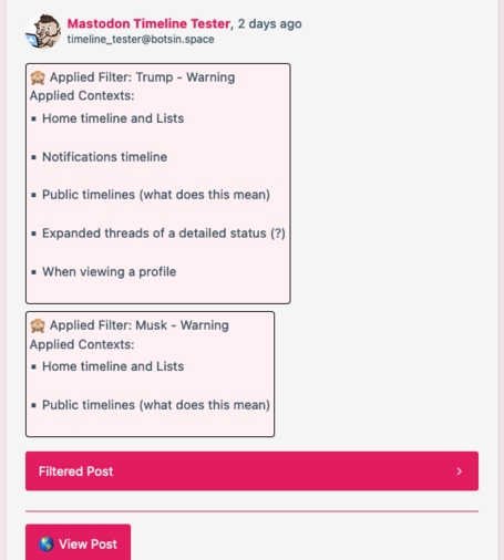 A ugly view of debugging code showing exactly why a filter was returned. Working through the logic of when it should and should not be displayed.