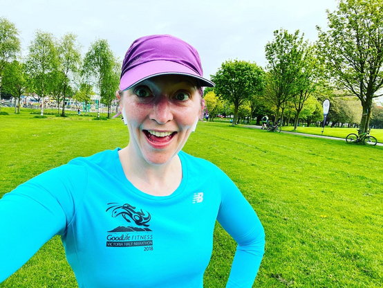 Pale white lady in Victoria Half Marathon running shirt after Parkrun