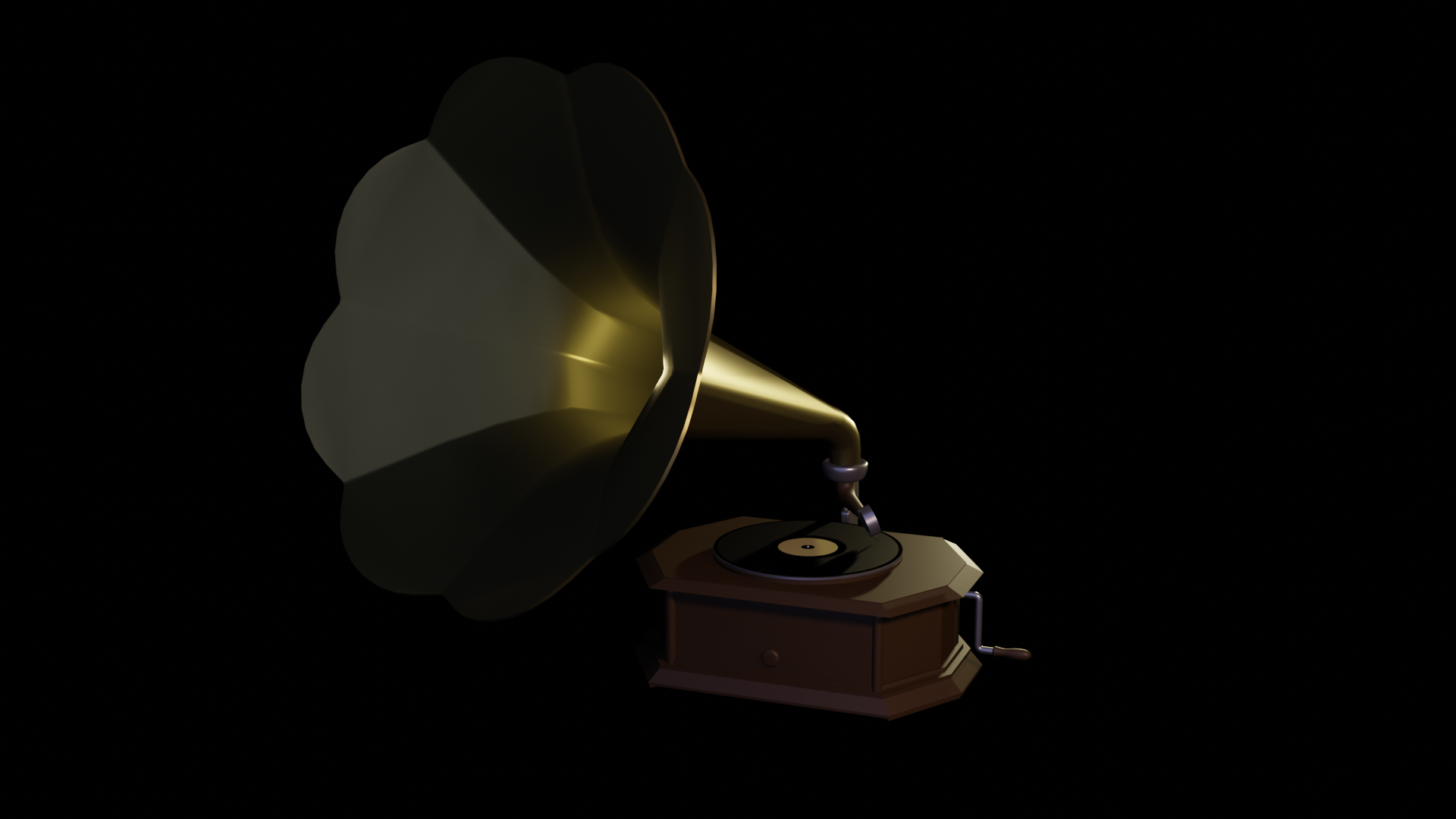 A low poly model of a wooden gramophone with a brass horn