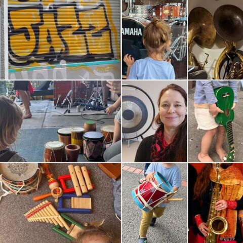 Collage aus dem Wort Jazz als Graffiti und Instrumenten, die von einem Kind und einer Frau gehalten werden.