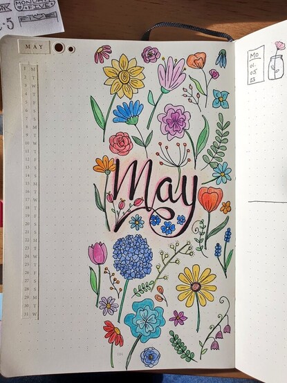 finiahed flowery May bullet journal setup (coloured in)