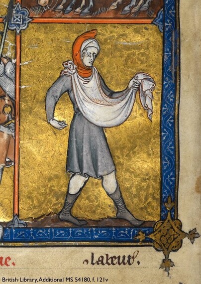 Detail from a miniature in a medieval manuscript:  folio 121 verso in British Library, Additional manuscript 54180. A border—consisting of a thin golden line outside of a thicker, painted line—surrounds a ground of burnished gold leaf. Impressed into the gold, creating subtle surface texture, is a pattern of swirling vines with ivy leaves. Atop this background, a man strides from left to right across a bed of rich, dark soil. He wears an orange hood over a short, grey tunic. The tunic is drawn up above his knees, revealing his strong calves. On his feet are heavy, darker grey work socks. A sheet is knotted behind his neck so it hangs down in front of him like a bib. With 1 hand, he grasps the loose ends of the sheet, pulling it up and out before him. The resultant hollow or cloth bucket created by the sheet is filled with seeds. With his remaining hand, the man sows the seeds. His face is handsome, and conveys a sense of self-assurance.