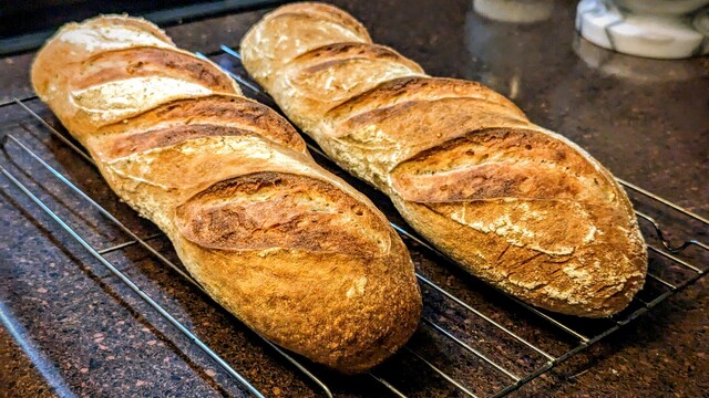 Two freshly baked baguettes on a cooling rack. Each is approximately 12-13 inches long, with four 45 degree ears cut into the dough showing to have popped up during baking.