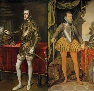 Izquierda Felipe II cuadro de Tiziano
Derecha don Juan de Austria cuadro de  Juan Pantoja de la Cruz