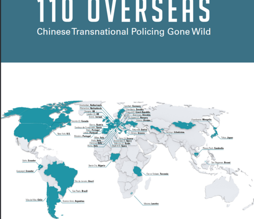 Deckblatt des angehefteten pdf Links mit dem Titel 110 Overseas Chinese Transnational Policing Gone Wild und einer Weltkarte mit markierten Ländern & Orten.