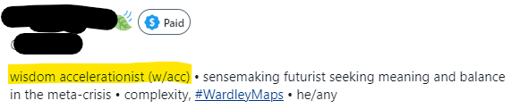 Screenshot from a twitter profile bio:
[twitter display name obscured] [paid icon] [twitter id obscured]
[begin highlight] wisdom accelerationist (w/acc] [end highlight]  sensemaking futurst seeking meaning and balance in the meta-crisis « complexity, #WardleyMaps « he/any 