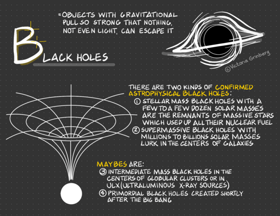 A sketchnote with white lines/text on a dark dotted paper background, made by me.

First text block: Black holes = objects with gravitational pull so strong that nothing, not even light, can escape itLeft: A 2D sketch of spacetime around black hole (funnel like)Right: a sketch of the accretion disk around a  black hole, including light bending.Two more text blocks in between:First textblock:There are two kinds of confirmed black holes:1.  stellar mass black holes with a few to a few dozen solar masses are the remnants of massive stars which used up all their nuclear fuel2. supermassive black holes with millions to billions solar masses lurk in the centers of galaxiesSecond textblock:Maybes are:3. intermediate mass black holes in the centers of globular clusters or in ULX (ultraluminous X-ray sources)4. primordial black holes created shortly after the Big Bang