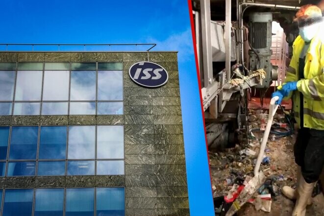 Le siège de l’entreprise ISS à Paris et les conditions de travail alarmantes d'un agent d'entretien d'ISS Facility Service. © Photomontage Mediapart avec REA et Mediacités