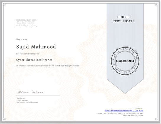 Cyber Threat Intelligence certifice obtained by IBM