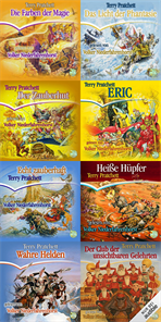 Hörbuchcover Terry Pratchett

Die Farben der Magie
Das Licht der Phantasie 
Der Zauberhut
Faust Eric
Echt Zauberhaft 
Heiße Hüpfer 
Wahre Helden
Der Club der unsichtbaren Gelehrten