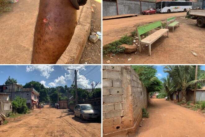 La blessure du jeune homme et le banc sur lequel il s’est assis dans le quartier de Doujani où se sont déroulés les affrontements avec la police ainsi que la ruelle où un policier aurait tiré des coups de feu. © Photos Nejma Brahim / Mediapart