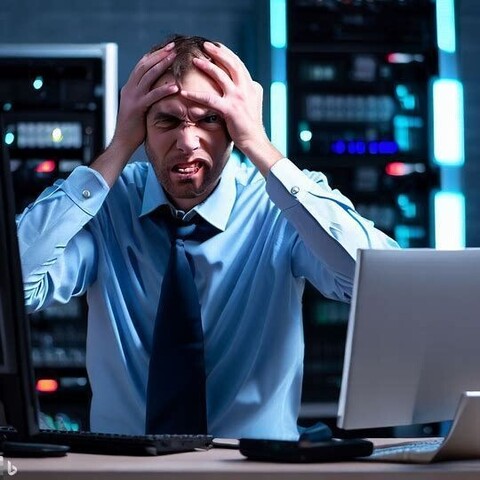 Created by Bing Image Creator/Dall-E: a system admin stressing over needing to upgrade windows server 2012