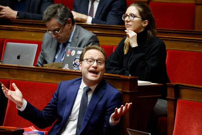 Sylvain Maillard et Aurore Bergé à l'Assemblée nationale, le 13 février 2023. © Photo Ludovic Marin / AFP