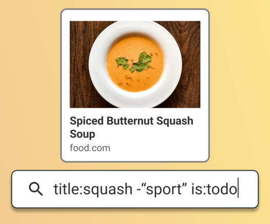 A search for `title:squash -"sport" is:todo`.

One result is shown: "Spiced Butternut Squash Soup".