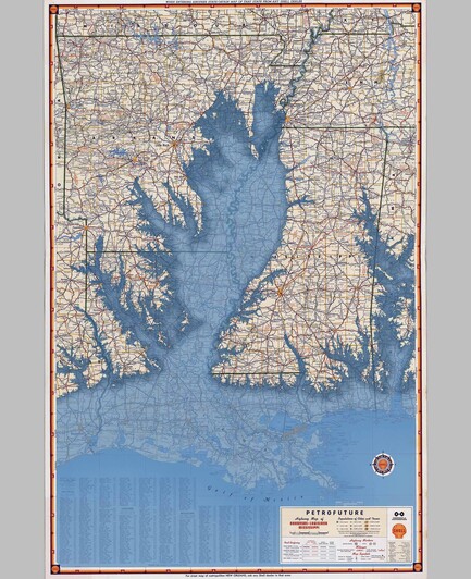 a 1956 Shell Oil gas station map of Arkansas, Louisiana, and Mississippi, and Tennessee, with 66 meters of sea level rise