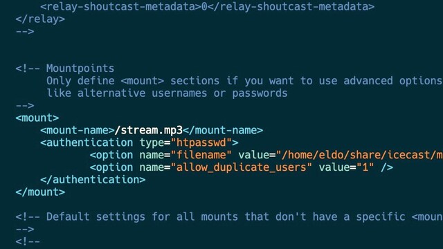 Screenshot of an Icecast XML config file showing a stream‘s <mount> block with an <authentication> subsection.