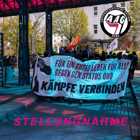 Foto der 1.Mai Demo in Gera, darauf der Schriftzug "Statement", oben rechts das Logo der Antifaschistischen Aktion Gera