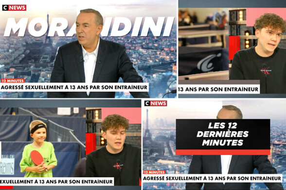 Captures d’écran de l’interview de Benjamin Ecuyer par Jean-Marc Morandini sur Cnews, le 5 mai 2023. © Photomontage Mediapart