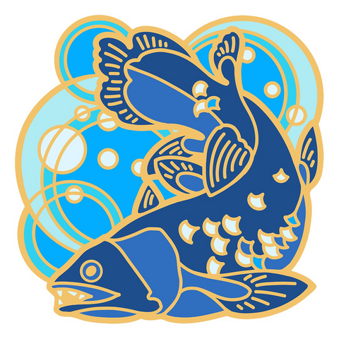 An illustrated design for an enamel pin depicting a blue coelacanth swimming through swirling water.