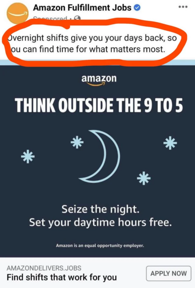 Amazon: "Overnight shifts give you your days back"