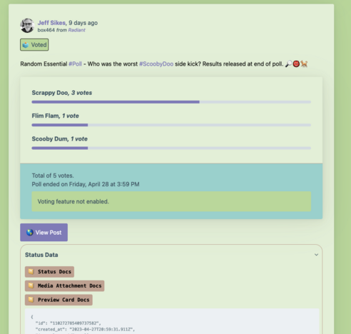 A Mastodon timeline from a custom built client. It is displaying a timeline of content that is associated to the #scoobydoo hashtag. Colors displayed are all colors that are associated to the Scooby Doo cartoon series - blues, greens, browns and purples.