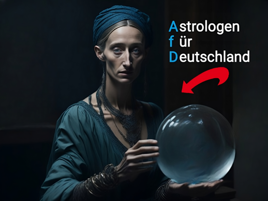 !B Alice Weidel als Wahrsagerin mit Glaskugel. Text: Astrologen für Deutschland + AfD Pfeil nach unten