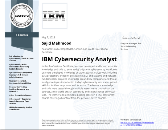 IBM Cybersecurity Analyst Specialization, offered by IBM through Coursera.