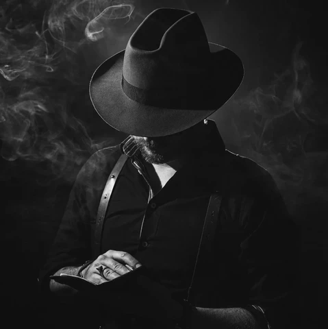 Black and white photo. Portrait of a man taken in a photo studio, upper body. Man's face is hidden by cowboy hat, he is looking down at a notebook in his hands. Noire vibes, light smoke in the background.