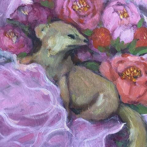 Mongoose reclining leaning on thigh, varied coloured peonies behind. A glimpse of tutu is seen.
