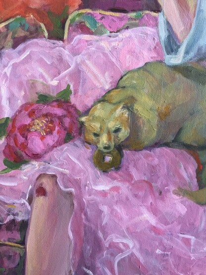 Mongoose reclining on thigh, Asian coin with square hole in mouth, we see a dark pink peony, a bit of light pink tutu, and a bloody injured knee.