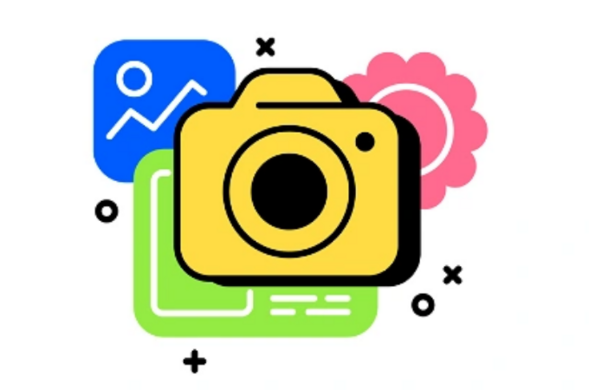 Illustration of a yellow camera icon, with a graph blue icon behind on top left, a green rounded cornered rectanglewith white lines on bottom left and a pink flower behind, on top right. Two black crosses, a black plus sign and two black lined circle as adornments on little sizes scattered across the illustration.