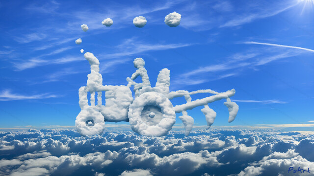 Tractor made of clouds is plowing the clouds. A Photoshop manipulation.