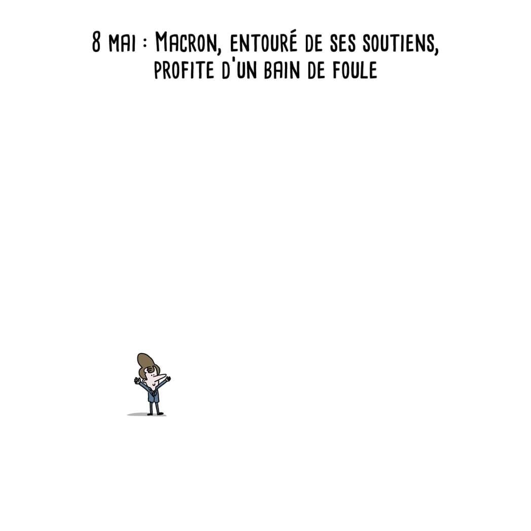 Titre : 8 mai : Macron, entouré de ses soutiens, profite d’un bain de foule  Macron, levant les bras, seul, en tout petit, dans une grande case blanche.