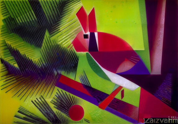 A drawing using geometric shapes of a rabbit-bird hybrid perched on a branch. 