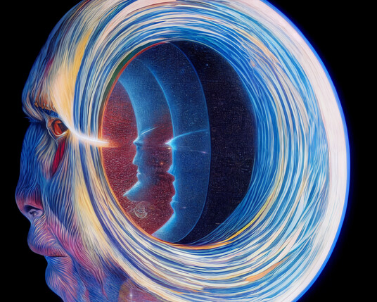 A vaguely human head looking away from the viewer and with a circular hole in the back of its head that's kind of space-y and has a series of layers of holes inside.  