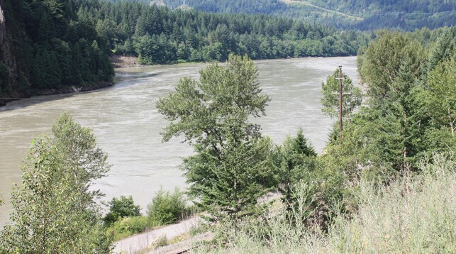 A whirlpool filled river flows between its rocky and tree-bound banks toward the photographer. In the distance, nothing but tree covered hills. 